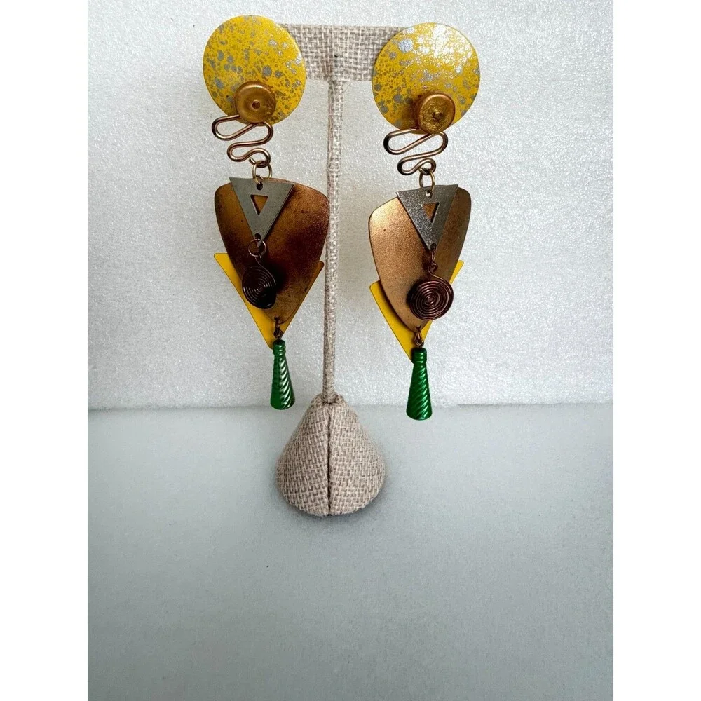 Vintage 1980s Memphis Style Geometric Mixed Metal Dangle Earrings 5 Inch Stateme